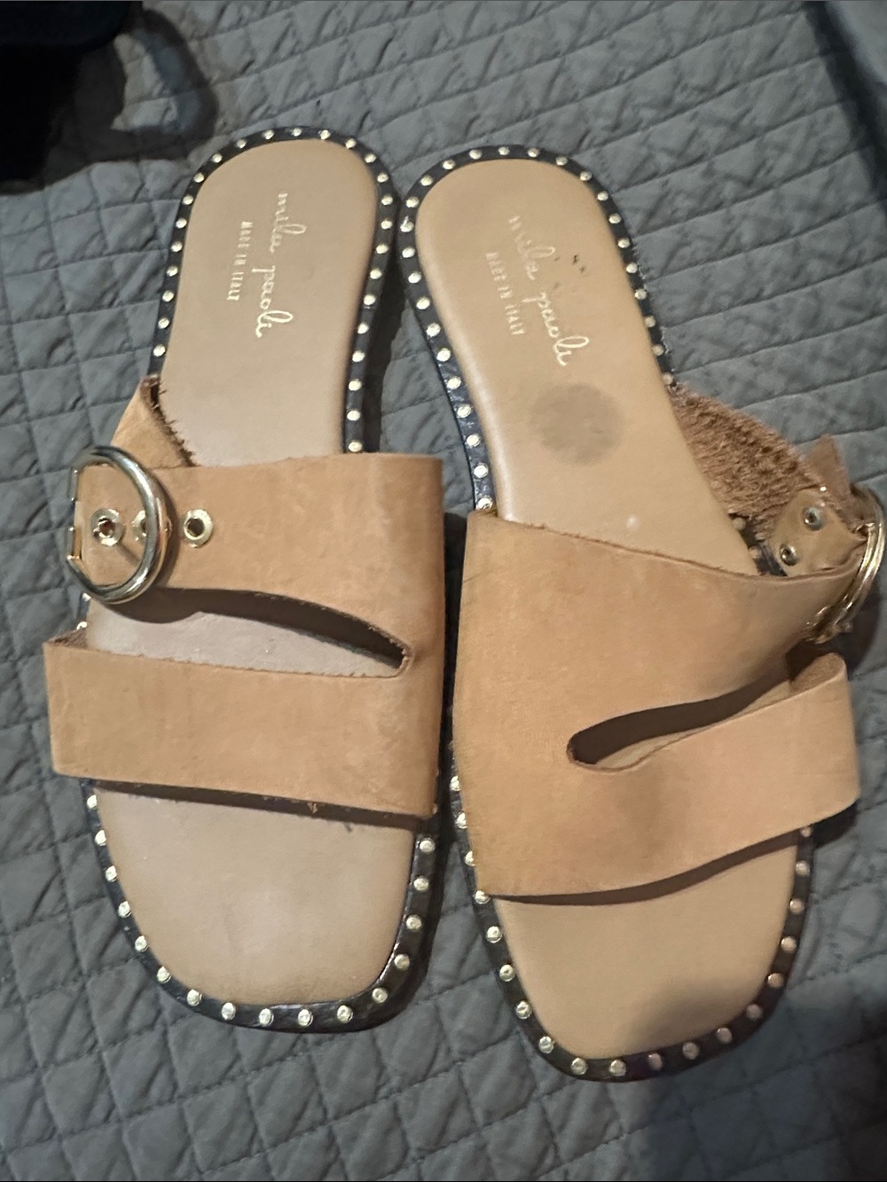 NWOT Mila PAOLI Made in Italy Leather Tan Studded Slide Sandals